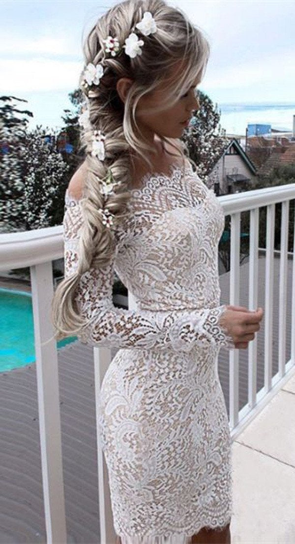 Vestido de fiesta corto de encaje blanco asequible para adolescentes.