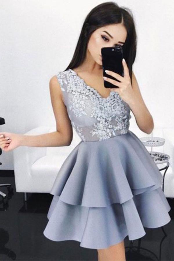 Blue Satin A-line Homecoming Dresses with Appliques, Graduation Dresses