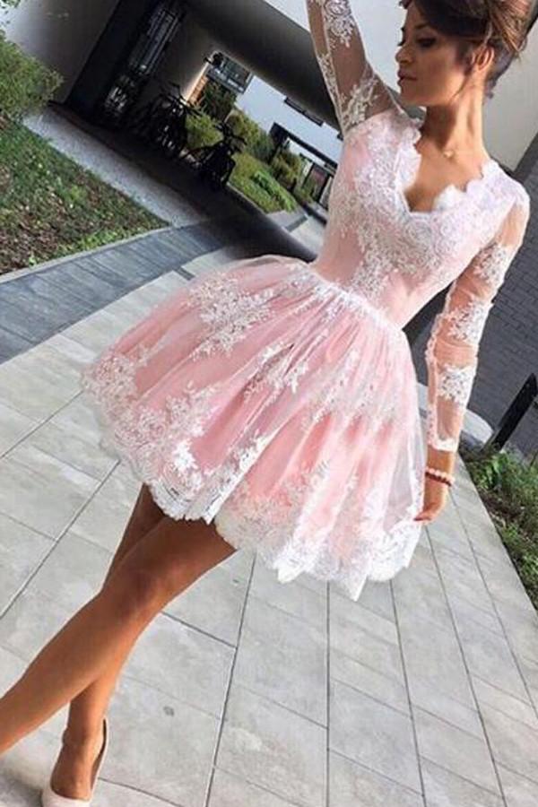 Süßes rosa A-Linien-Ballkleid mit langen Ärmeln und kurzem Schnitt, Homecoming-Kleider online