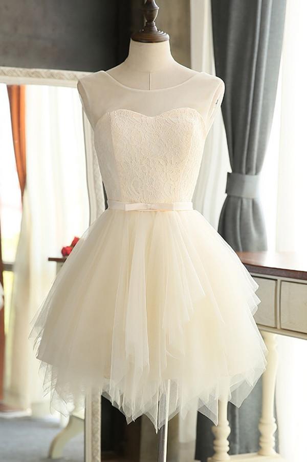 Schlichtes A-Linien-Heimkehrkleid aus weißem Tüll, Cocktail-Abschlusskleid, MH335