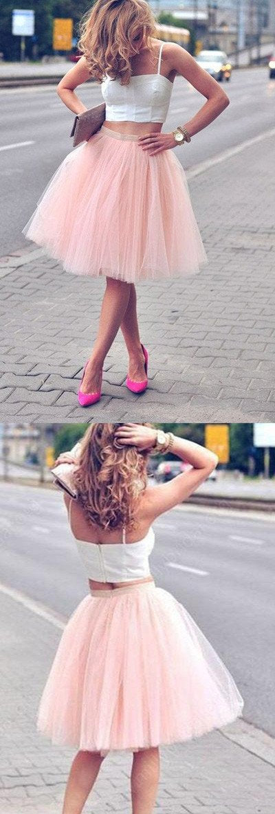 Pink Spaghetti-Strap Two Piece A-line Tulle Short Homecoming Dresses