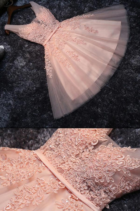 Vestido corto de dama de honor rosa ruborizado, vestidos de fiesta de tul con apliques de encaje