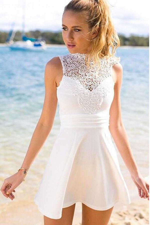 Weißes, schlichtes Chiffon-Heimkehrkleid mit hohem Halsausschnitt, kurze Ballkleider, MH384