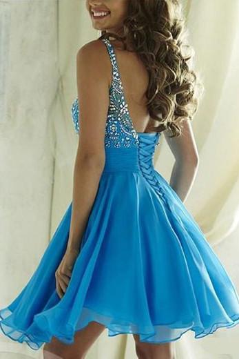 Blaues Tüll-Halsband mit Perlen und offenem Rücken, kurzes Junior-Ballkleid