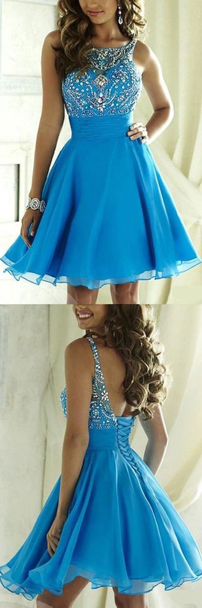 Blaues Tüll-Halsband mit Perlen und offenem Rücken, kurzes Junior-Ballkleid