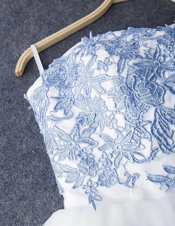 Blaues, trägerloses, kurzes Ballkleid aus Tüll in A-Linie, günstiges Homecoming-Kleid