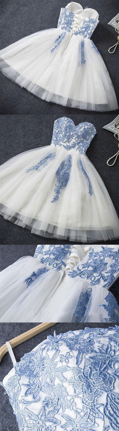 Blaues, trägerloses, kurzes Ballkleid aus Tüll in A-Linie, günstiges Homecoming-Kleid