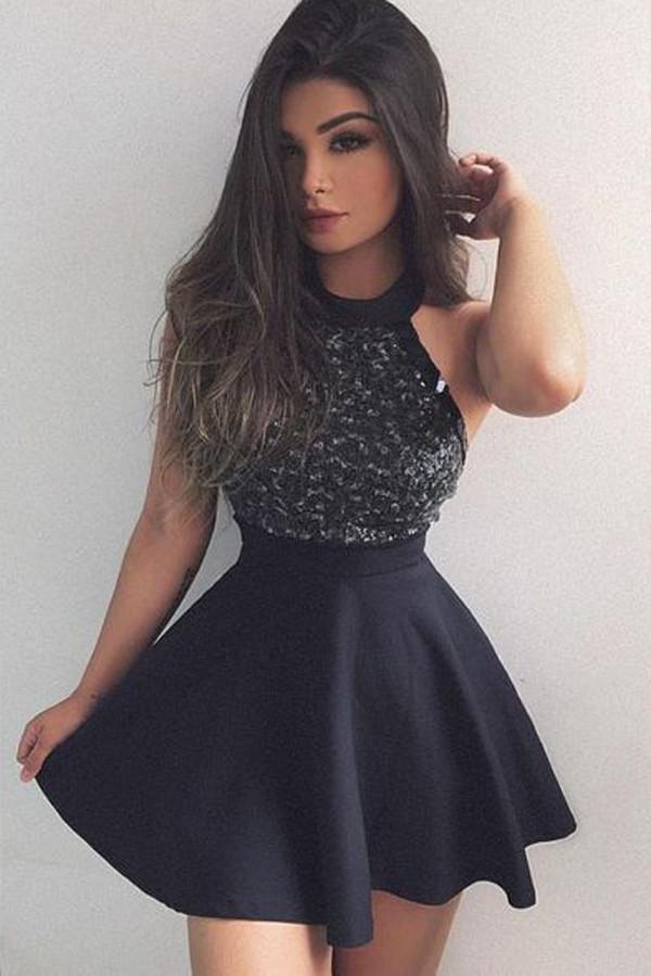 Black A line Mini Short Prom Dress with Beading, Fashion Graduation Dresses