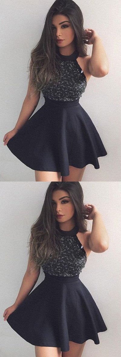 Black A line Mini Short Prom Dress with Beading, Fashion Graduation Dresses