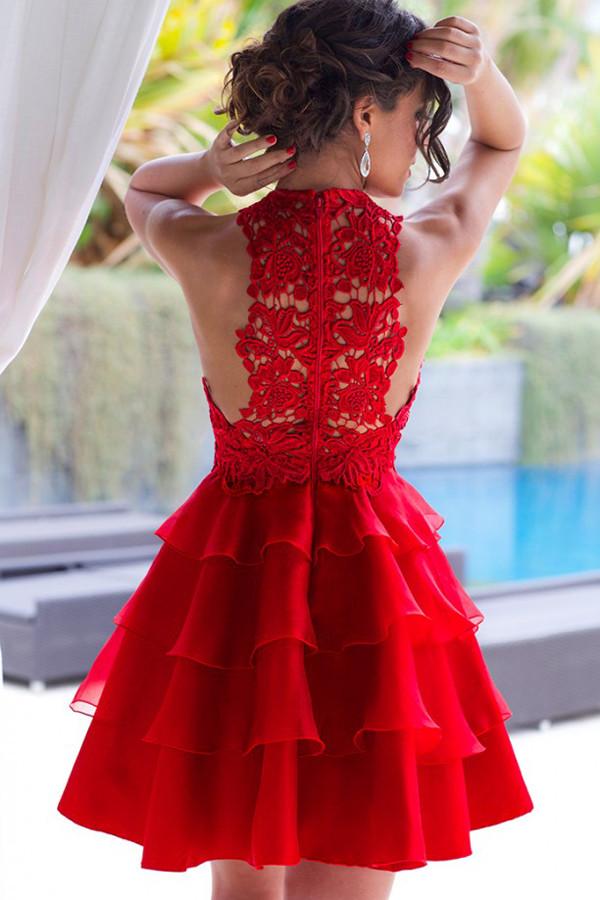 Red Lace Scoop Neck A-line Chiffon Tiered Homecoming Dress, Short Prom Dresses