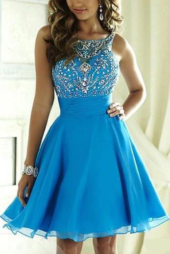Blaues Tüll-Halsband mit Perlen und offenem Rücken, kurzes Junior-Ballkleid