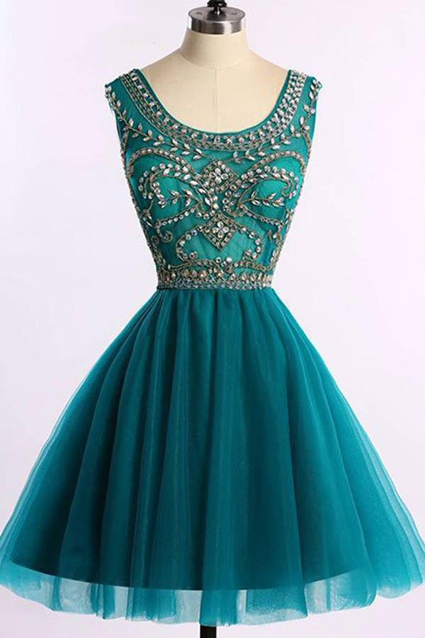 Günstiges grünes Perlen-Tüll-A-Linien-Kurzballkleid, Homecoming-Kleider