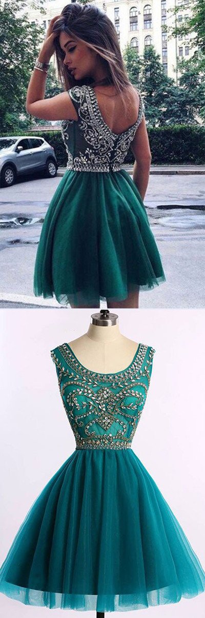 Günstiges grünes Perlen-Tüll-A-Linien-Kurzballkleid, Homecoming-Kleider