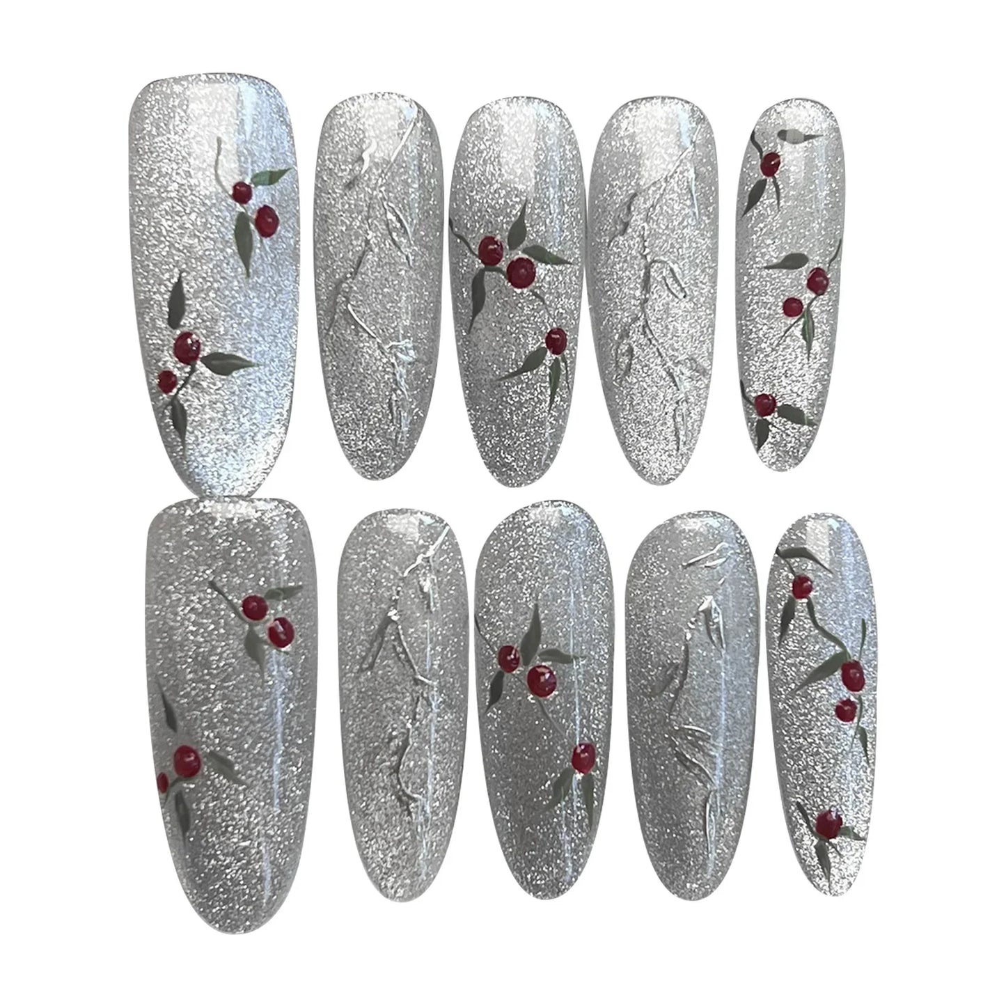 10 uñas postizas plateadas hechas a mano, largas, almendradas, con destellos, estilo ojo de gato, uñas postizas pintadas a mano con diseños de cerezas para mujer.