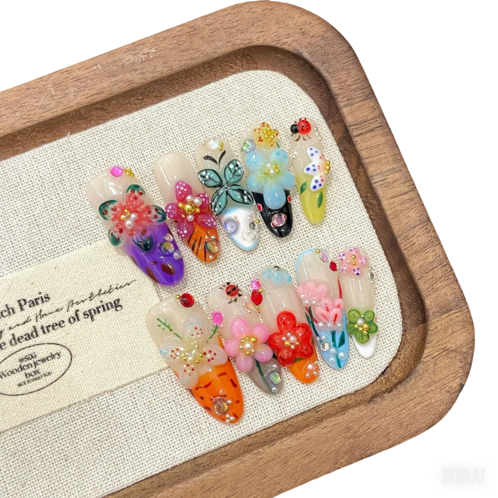 10pcs Creative Summer False Nails Handmade 3D Colorful Flower Insect Designs Press On Nails Y2k French Style Spring Fake Nail