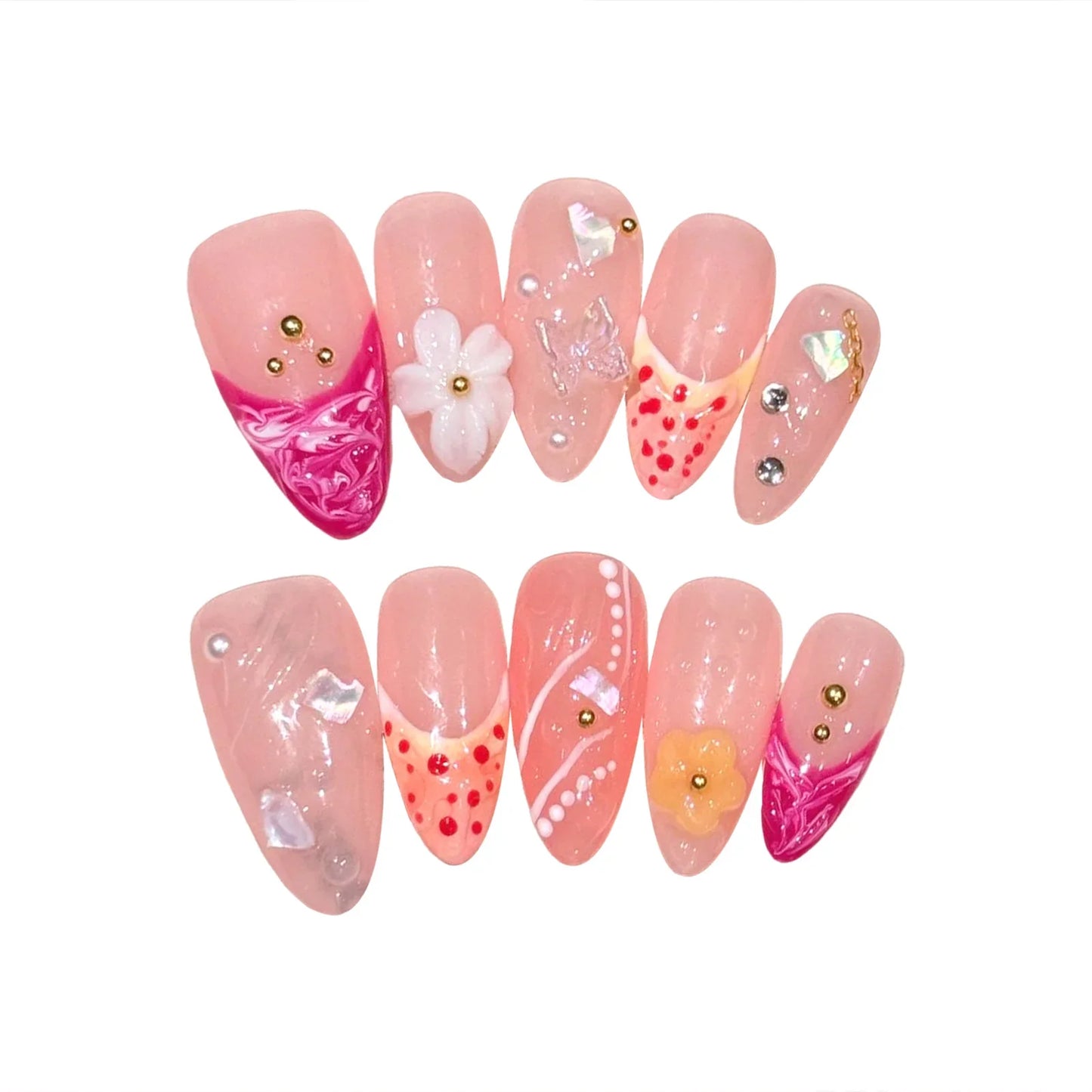 10 uñas postizas de almendra hechas a mano, estilo francés, color rosa claro, con parches de flores y diamantes de imitación.