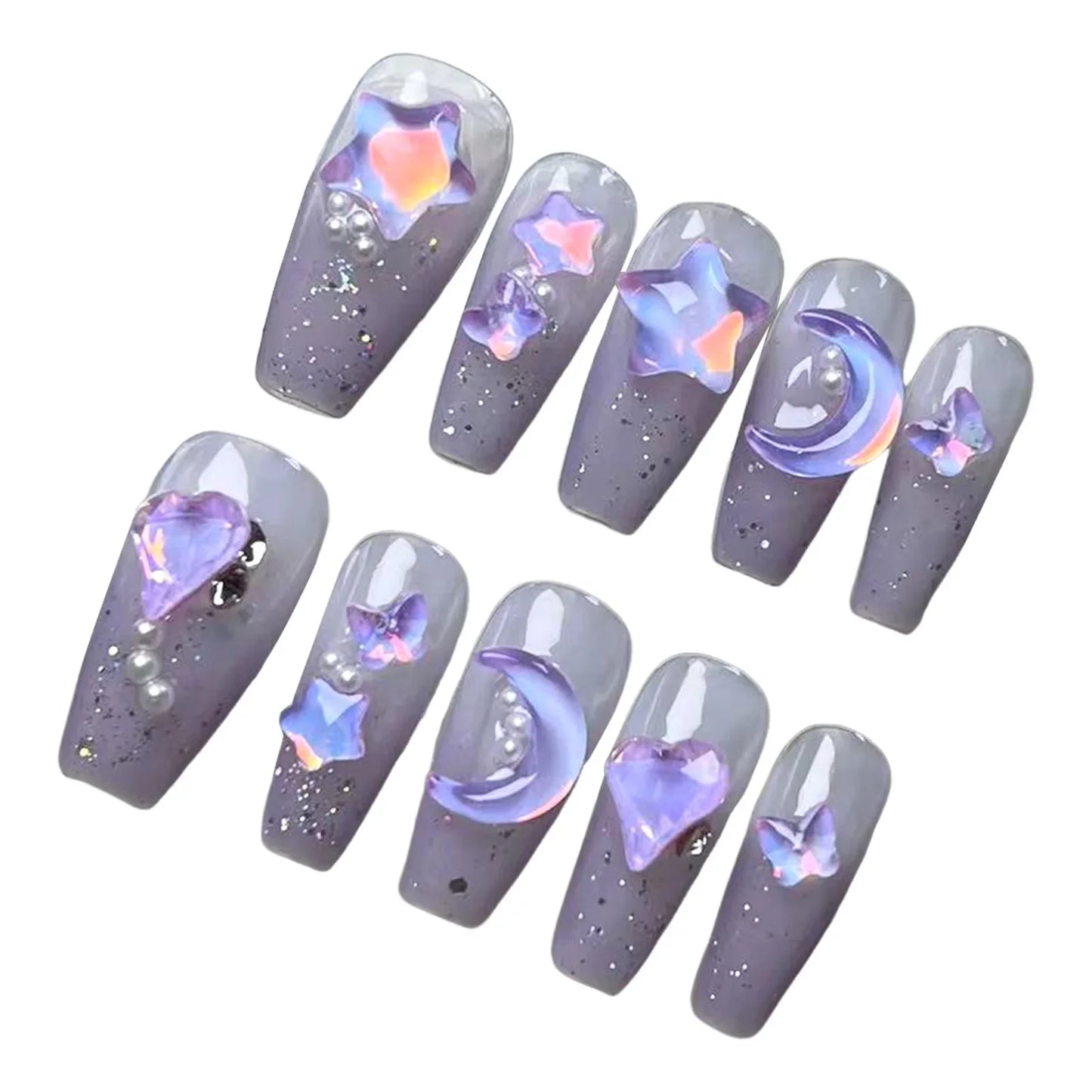 10 uñas postizas desmontables de color crema de azúcar, brillantes, hechas a mano, moradas brillantes, con diseño de luna y estrella 3D.