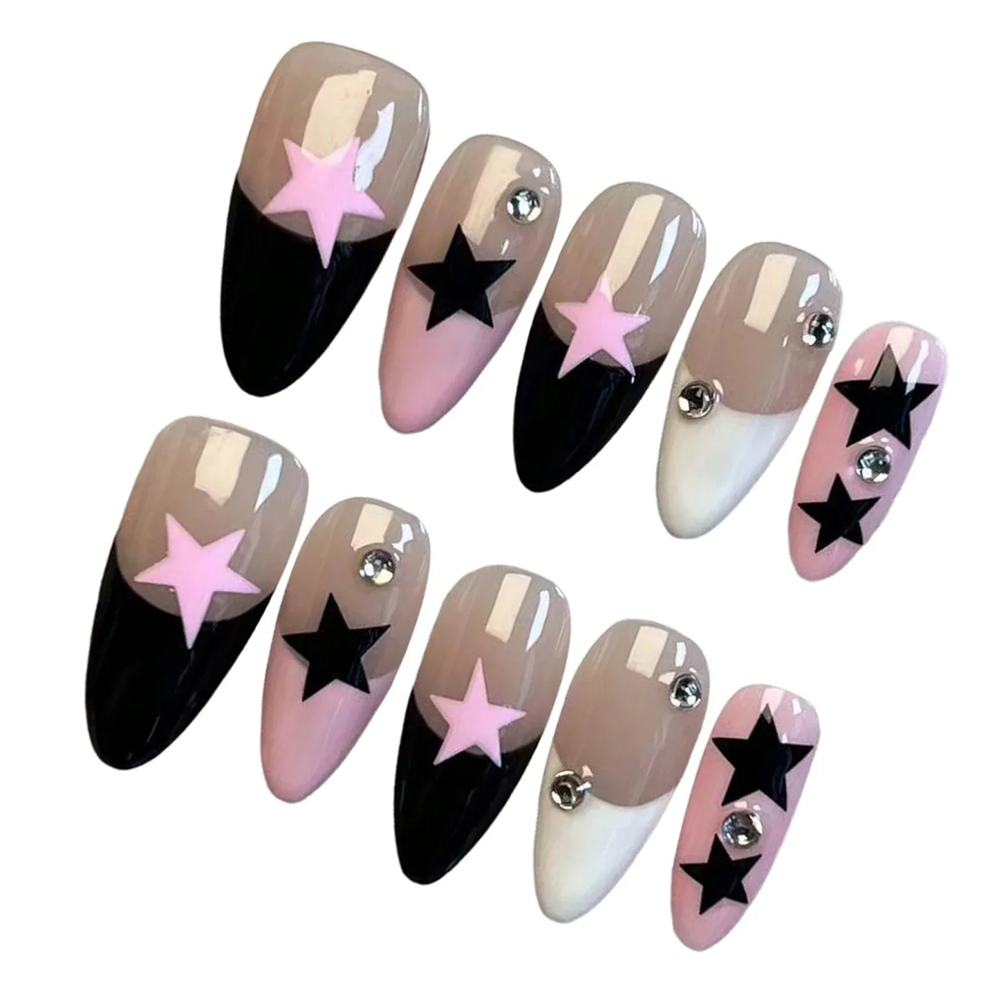 10 Stück handgefertigte Press-On-Nägel, Schwarz, Weiß, Rosa, französischer Stil, falsche Nägel, Paches, Stern-Designs, tragbar, Mandel-Gefälschte Nägel für Frauen