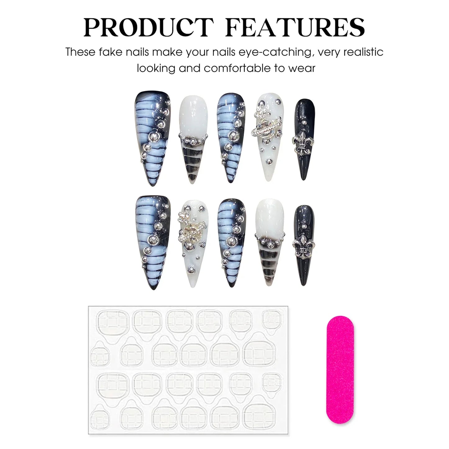 10 Stück handgefertigte Press-On-Nägel, Autora Blau, lange Stiletto-Fake-Nagelspitzen im französischen Stil, Alligator-Print, Diamant-Dekor