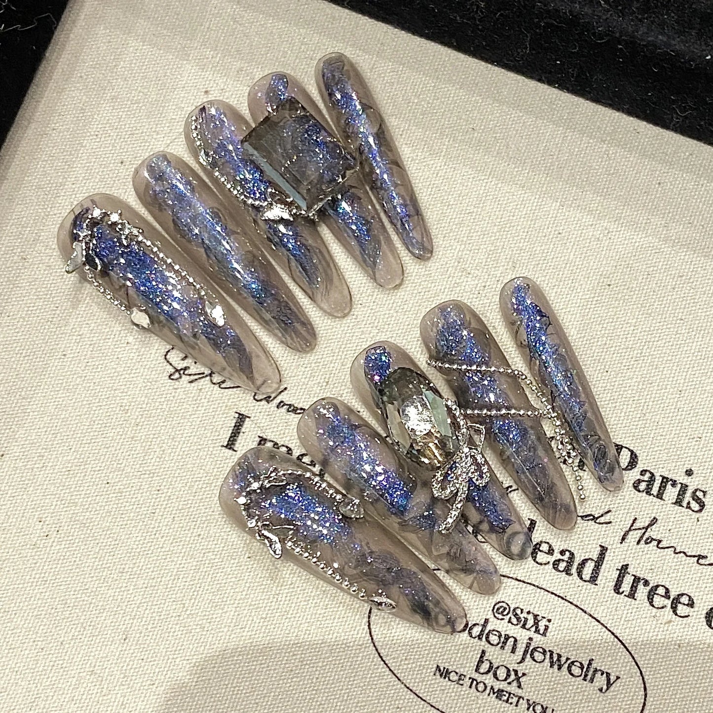 10 uñas postizas hechas a mano con degradado azul y morado, ondas de agua 3D, estilo francés, cielo estrellado, largas, bailarinas.