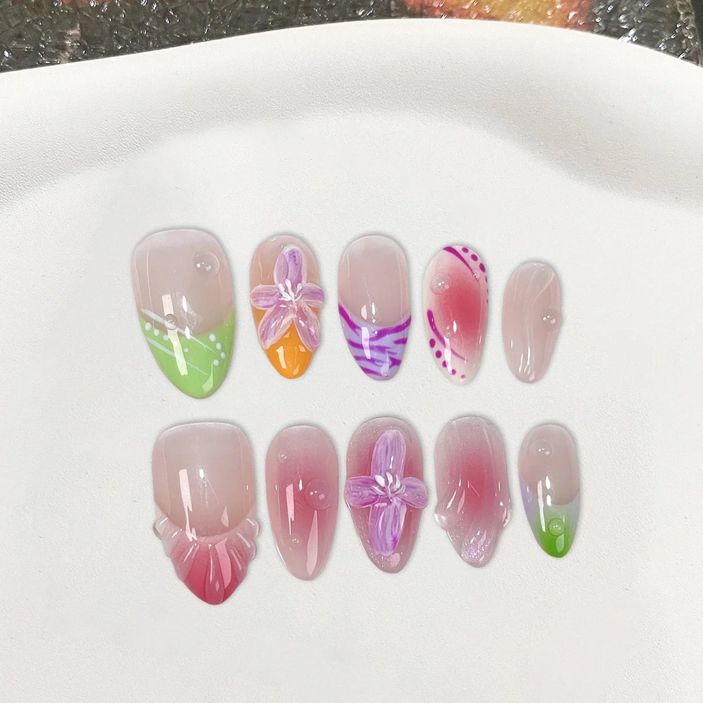 10pcs Blush Pink Press On Nails Handmade 3D Flower False Nail Patches Reusable French Style Glossy Almond Fake Nail Tips Art
