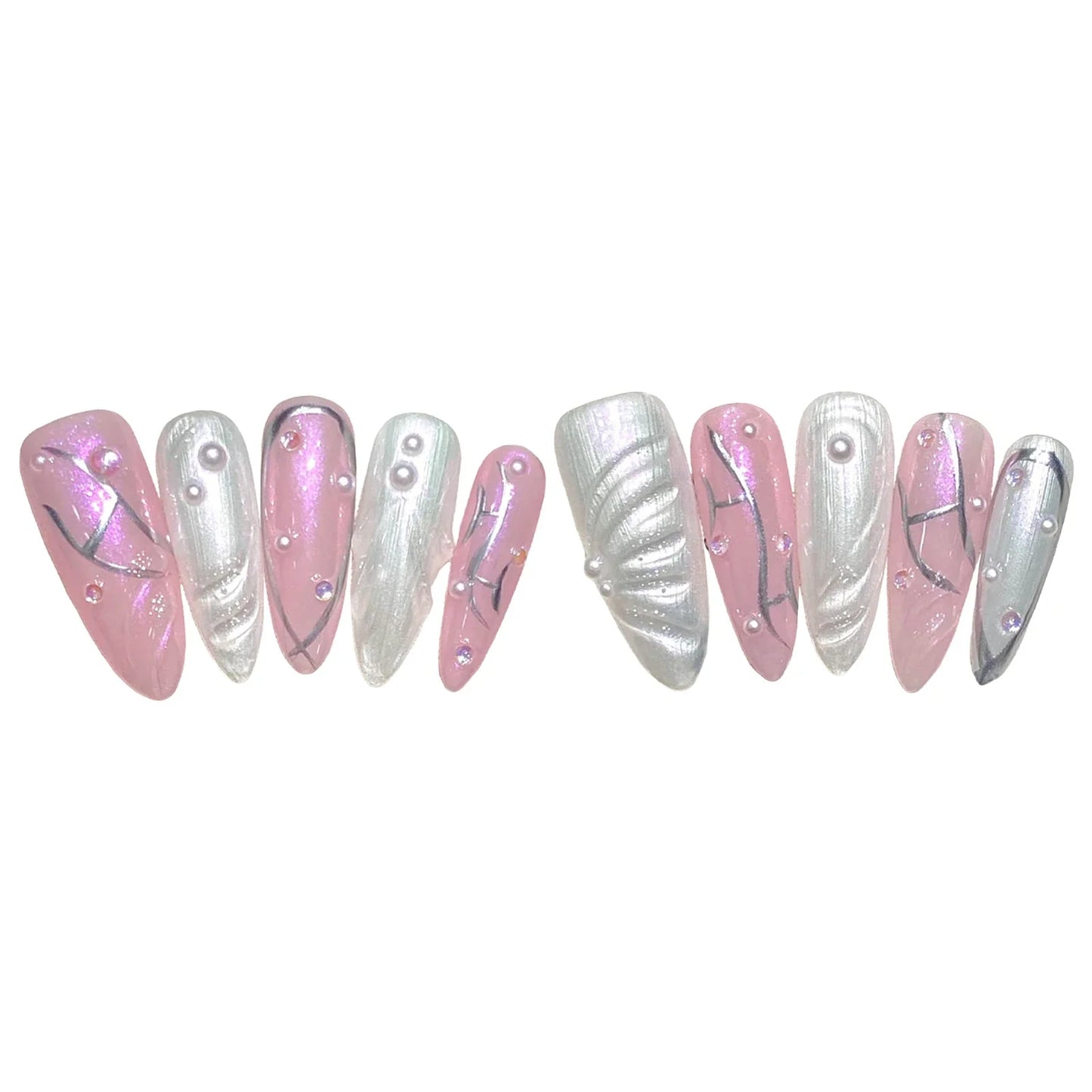 10 uñas postizas largas de almendra, hechas a mano, con diseño de ojo de gato, color rosa y blanco, con diseños de perlas, parches para uñas postizas fáciles de usar.