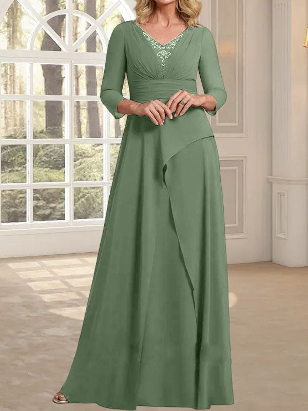 A-Linie, V-Ausschnitt, bodenlanges Chiffonkleid für die Brautmutter mit plissierter Perlenstickerei