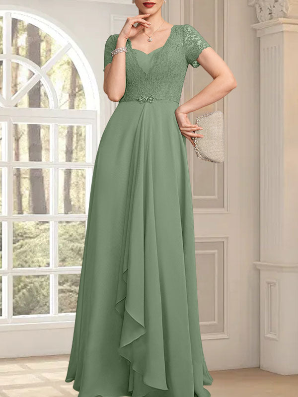 A-Linie, Herzausschnitt, bodenlang, Chiffon, Spitze, Kleid für die Brautmutter mit Perlenbesatz, kaskadierenden Rüschen