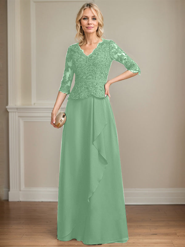 A-Linie, V-Ausschnitt, bodenlanges Chiffon-Kleid für die Brautmutter mit kaskadierenden Rüschen und Pailletten