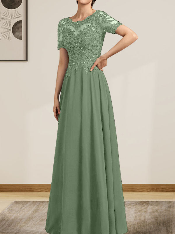 Vestido de gasa con encaje y lentejuelas para madre de la novia, largo hasta el suelo, con escote en A y ilusión