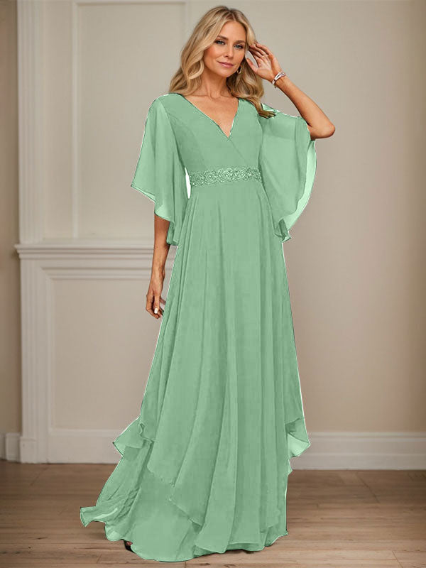 A-Linie V-Ausschnitt Bodenlang Chiffon Kleid für die Brautmutter mit Pailletten Applikationen Spitze Perlen