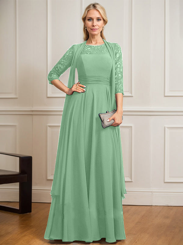 Vestido de gasa de encaje con ilusión de corte A hasta el suelo para madre de la novia con pliegues