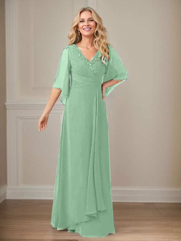 A-Linie V-Ausschnitt Lange Pailletten Chiffon Mutterkleid