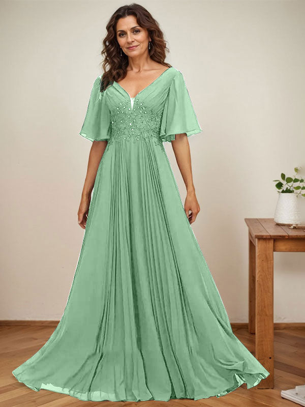 A-Linie V-Ausschnitt Bodenlang Chiffon Mutter der Braut Kleid Mit Pailletten Applikationen Spitze Plissee