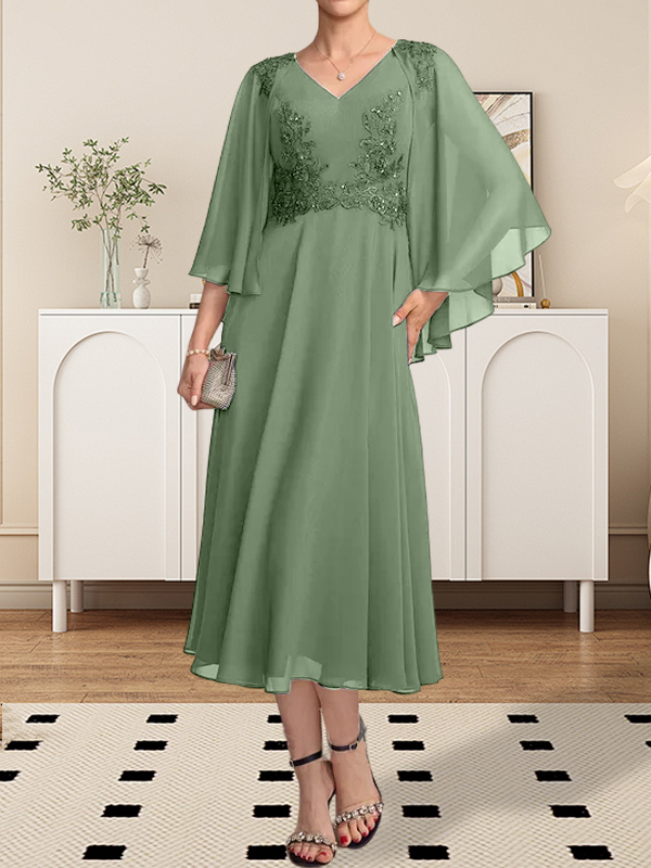 A-Linie, V-Ausschnitt, knielang, Chiffon, Spitze, Kleid für die Brautmutter mit Perlen und Pailletten