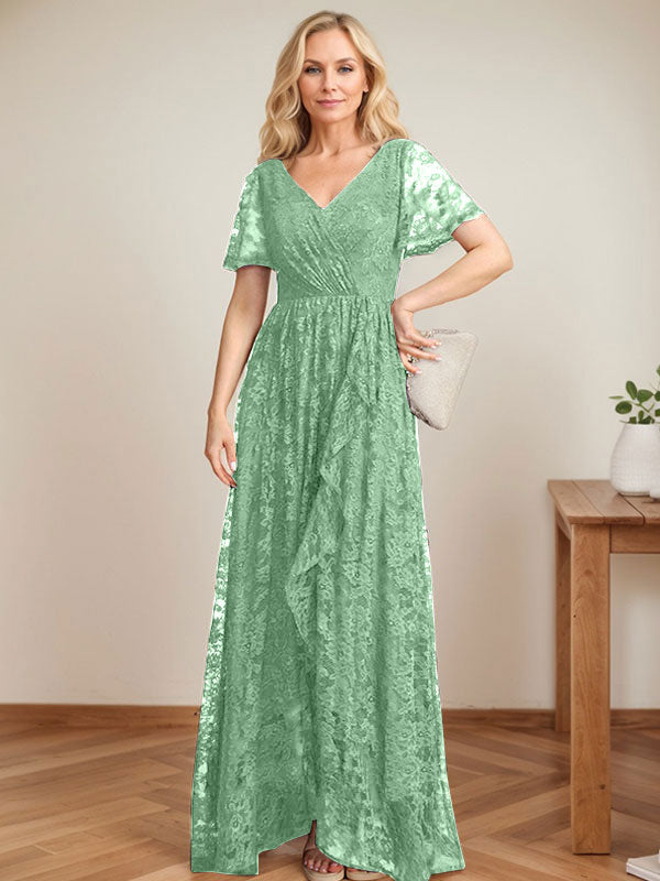 A-Linien-Kleid mit V-Ausschnitt, asymmetrischer Spitze für die Brautmutter mit kaskadierenden Rüschen