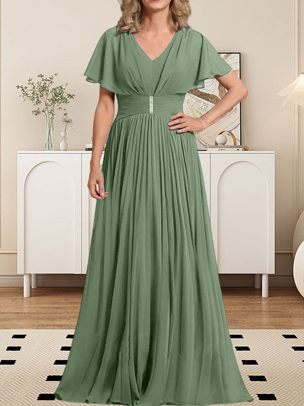 A-Linie V-Ausschnitt Bodenlang Chiffon Mutter der Braut Kleid Mit Kristall Brosche Plissee