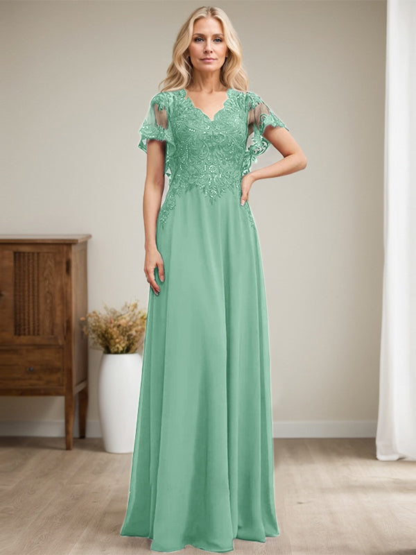 A-Linie V-Ausschnitt Bodenlanges Spitzen-Chiffon-Kleid für die Brautmutter mit Pailletten