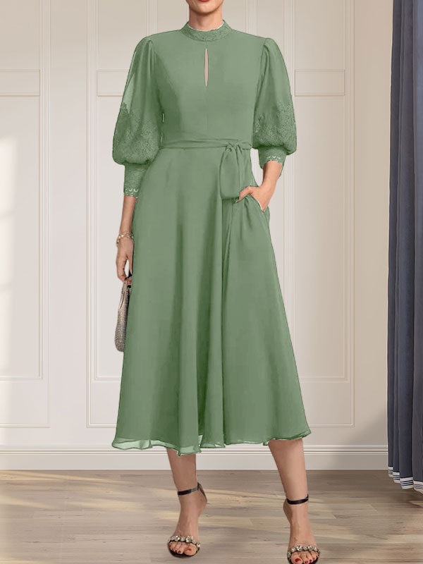 Vestido de gasa con encaje, cuello alto, largo hasta la rodilla, para madre de la novia con lazo