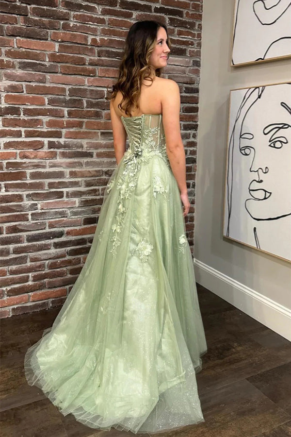 Vestido de fiesta largo verde salvia sin tirantes, floral, corte A y abertura
