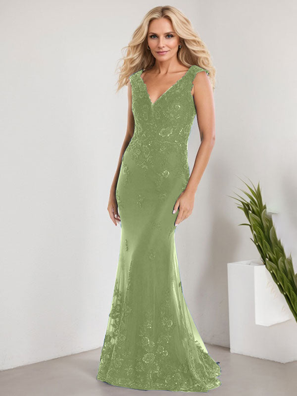 A-Linie V-Ausschnitt Bodenlang Spitze Chiffon Mutter der Braut Kleid Mit Applikation Pailletten Meerjungfrau Kleider