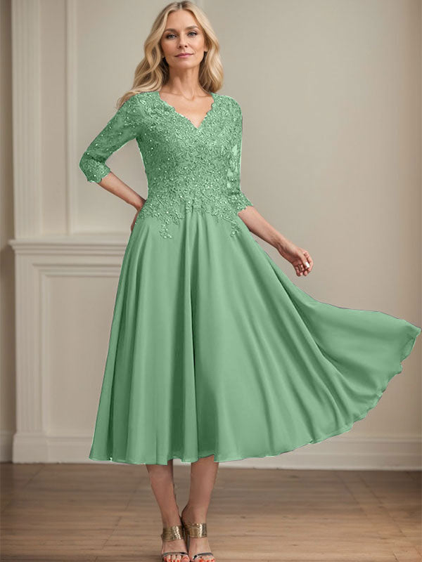 A-Linie, V-Ausschnitt, knielang, Chiffon, Spitze, Kleid für die Brautmutter mit Perlen und Pailletten