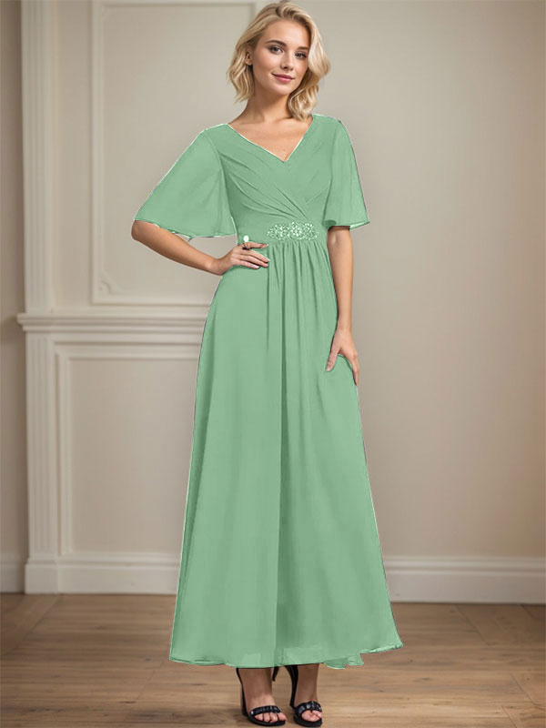 A-Linien-Kleid aus Chiffon mit V-Ausschnitt und Knöchellänge für die Brautmutter mit plissierten Perlen und Pailletten