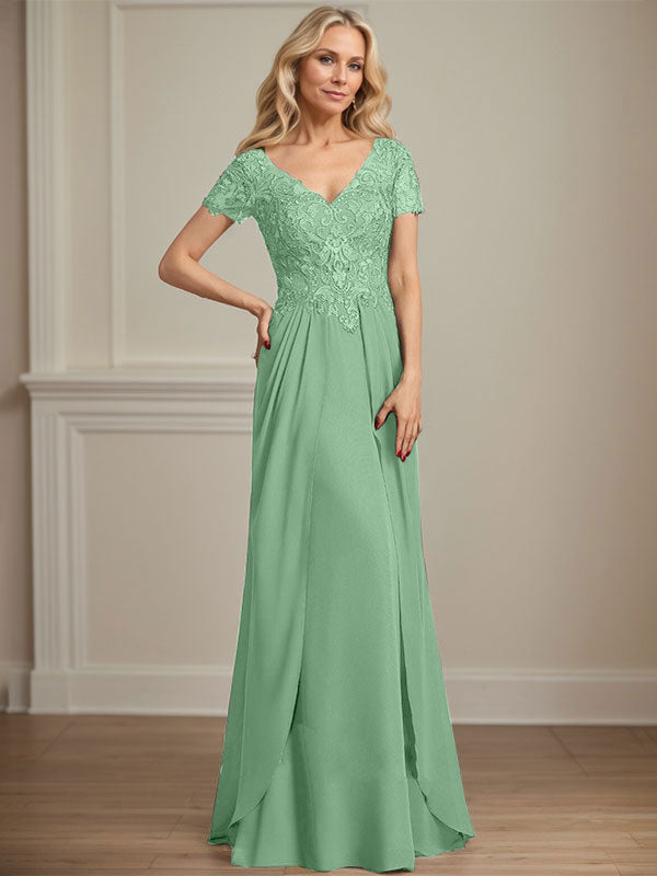 A-Linie V-Ausschnitt Bodenlanges Chiffon-Spitzenkleid für die Brautmutter