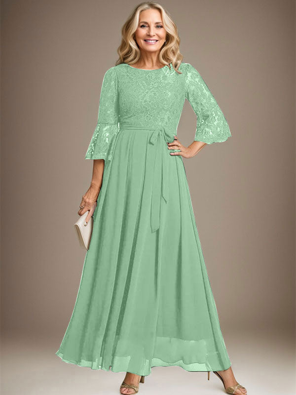 Vestido de gasa con encaje y lazo para madre de la novia, corte A, escote redondo hasta los tobillos