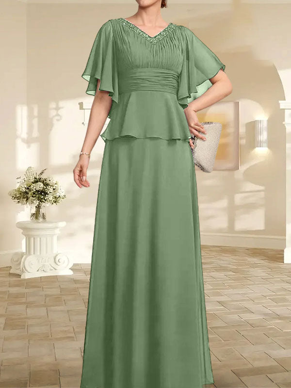 A-Linie, V-Ausschnitt, bodenlanges Chiffonkleid für die Brautmutter mit plissierter Perlenstickerei