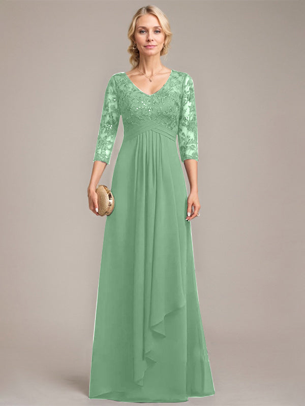 A-Linie, V-Ausschnitt, bodenlanges Chiffon-Kleid für die Brautmutter mit kaskadierenden Rüschen und Pailletten