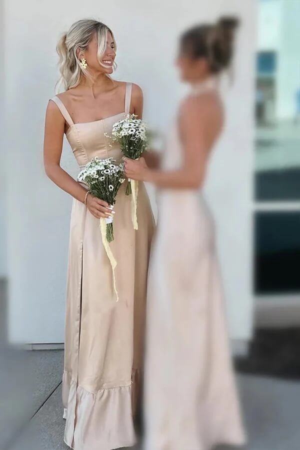 Satin A-Linie Spaghettiträger Schnürung Langes Brautjungfernkleid mit Schlitz
