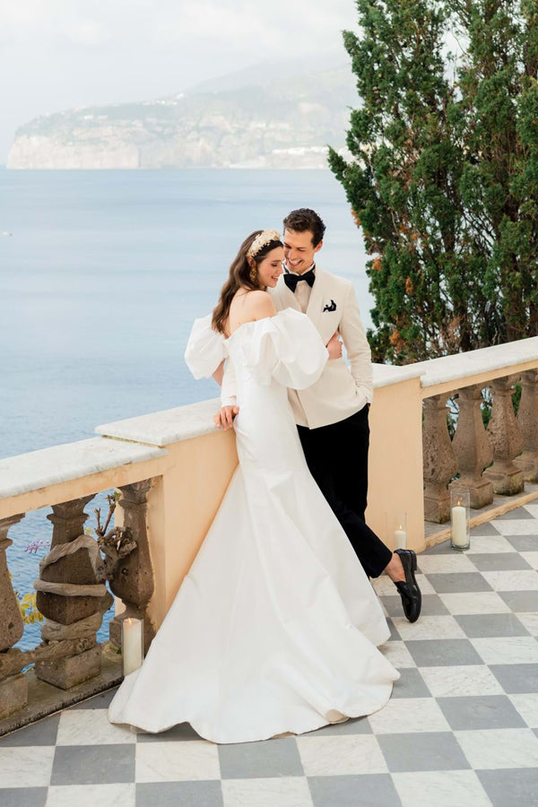 Satin Mermaid Off Shoulder Puff Sleeves Wedding Dress