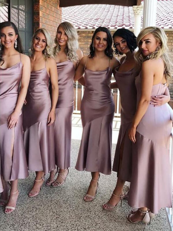 Satin Sheath Spaghetti Straps Cowl Neck Tea-length Bridesmaid Dresses